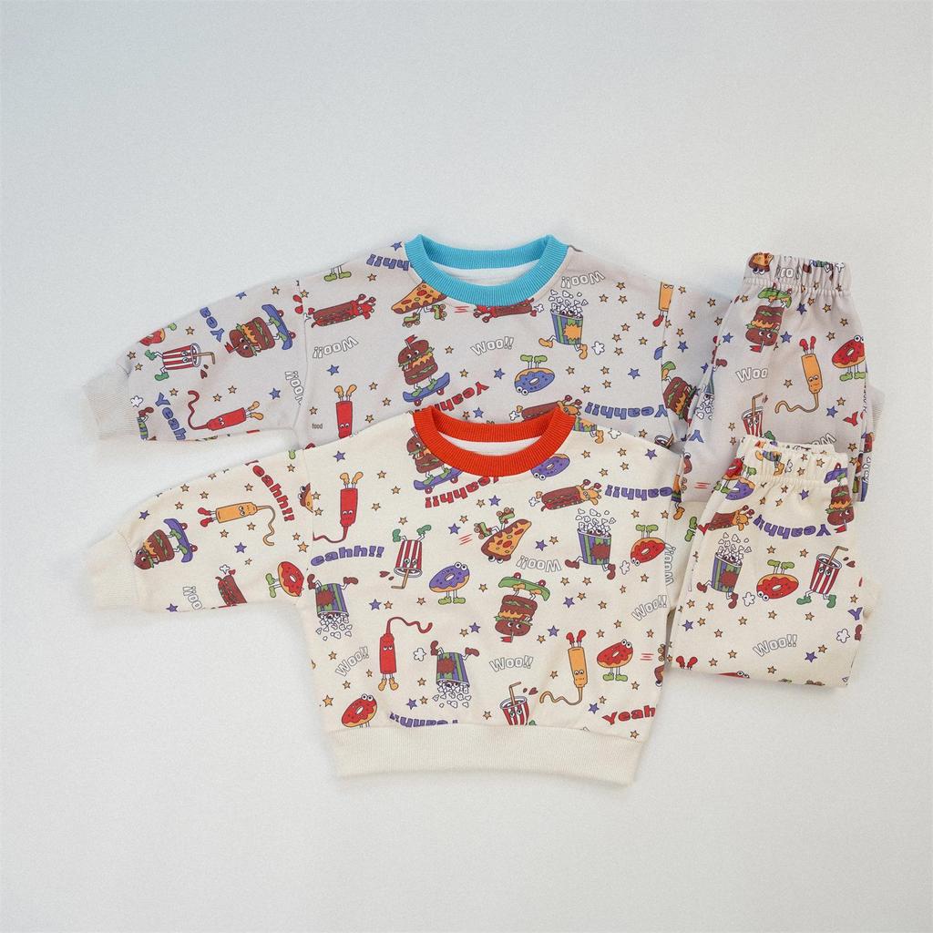2025 Autumn Kids' Cartoon Pizza Hoodie & Pants Set - European Style, Full Print