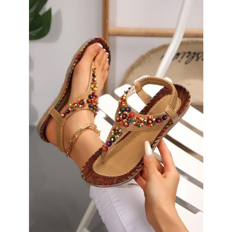 Women's Beaded Ethnic Style Clip-foot Herring-shaped Flat Sandals Flat-heeled Women's Shoes