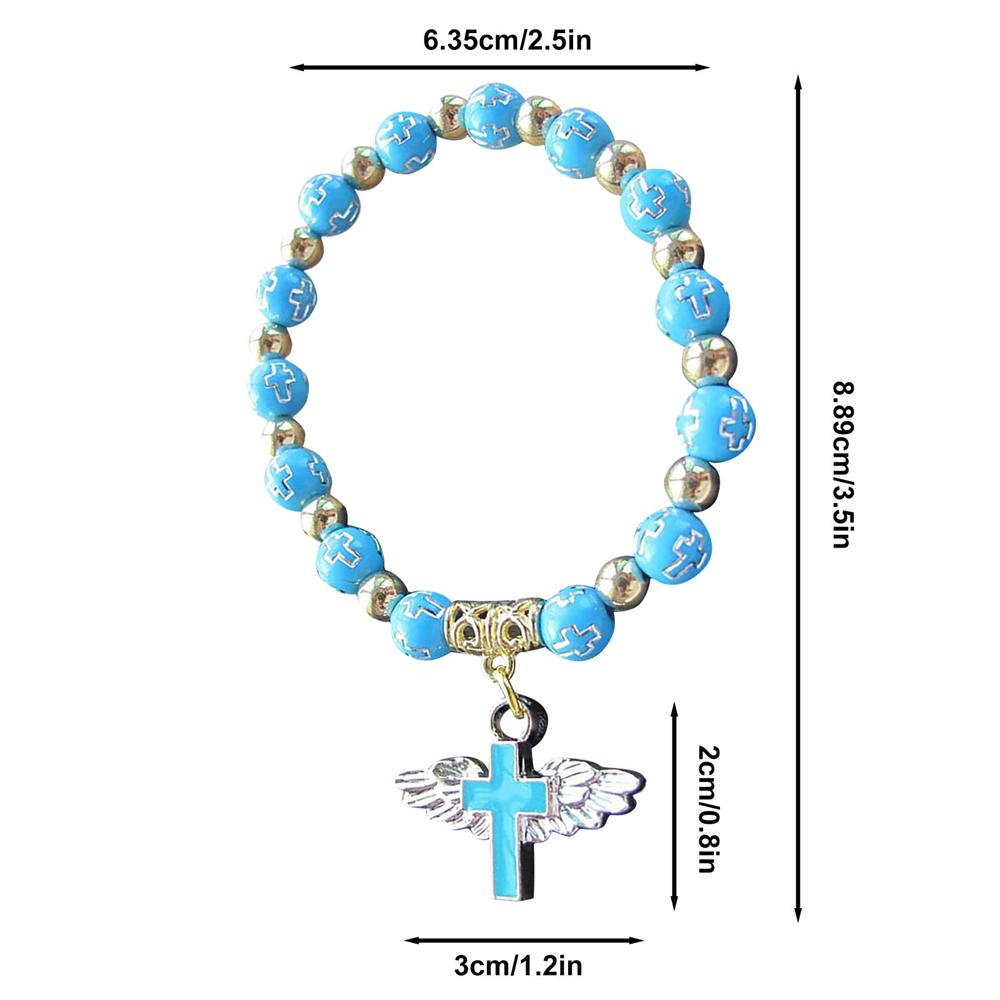 Exquisite Angel Wing Cross Rosary Bracelets Bronzing Acrylic Baptism Stretch Beaded Bracelets for Women Girls Religious Gift