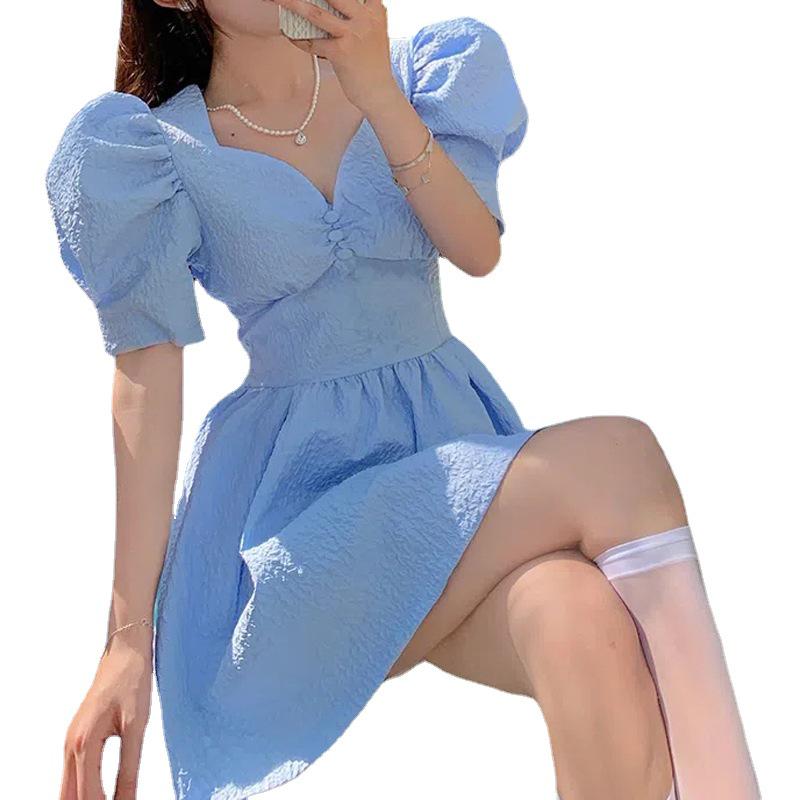 Women's Black Jacquard V-Neck Lantern Sleeve Summer Dress