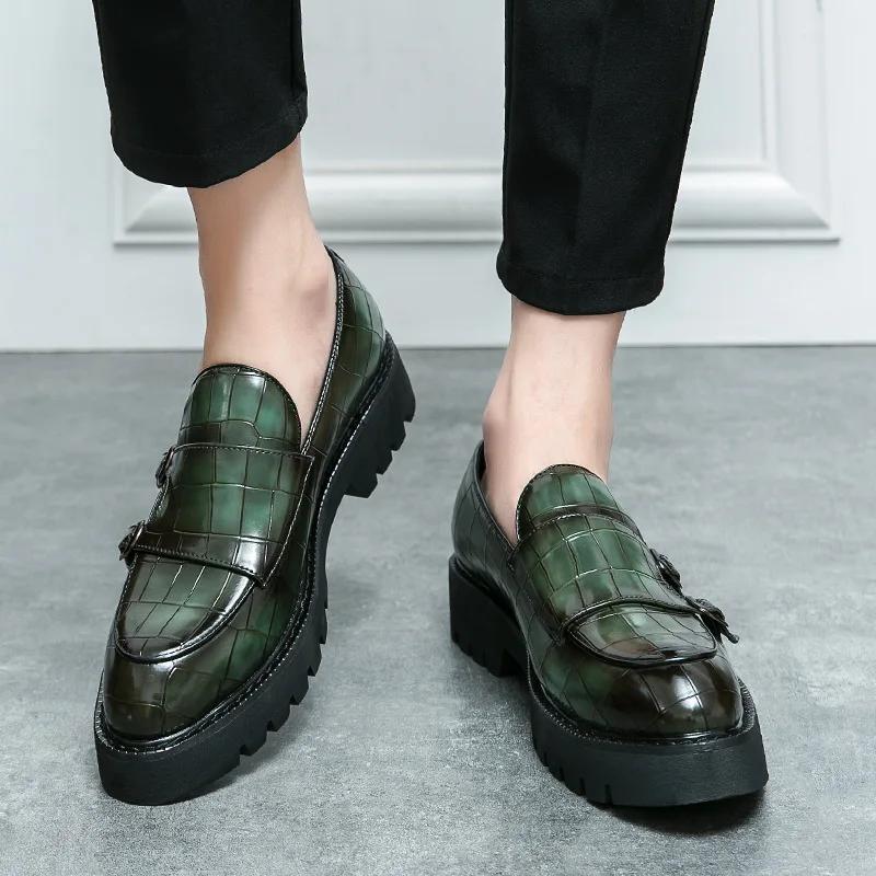2025 Street Fashion Men's Loafers Thick Sole Big Toe Shoes Trend Green Party Dress Shoes Men's Genuine Leather Casual Shoes
