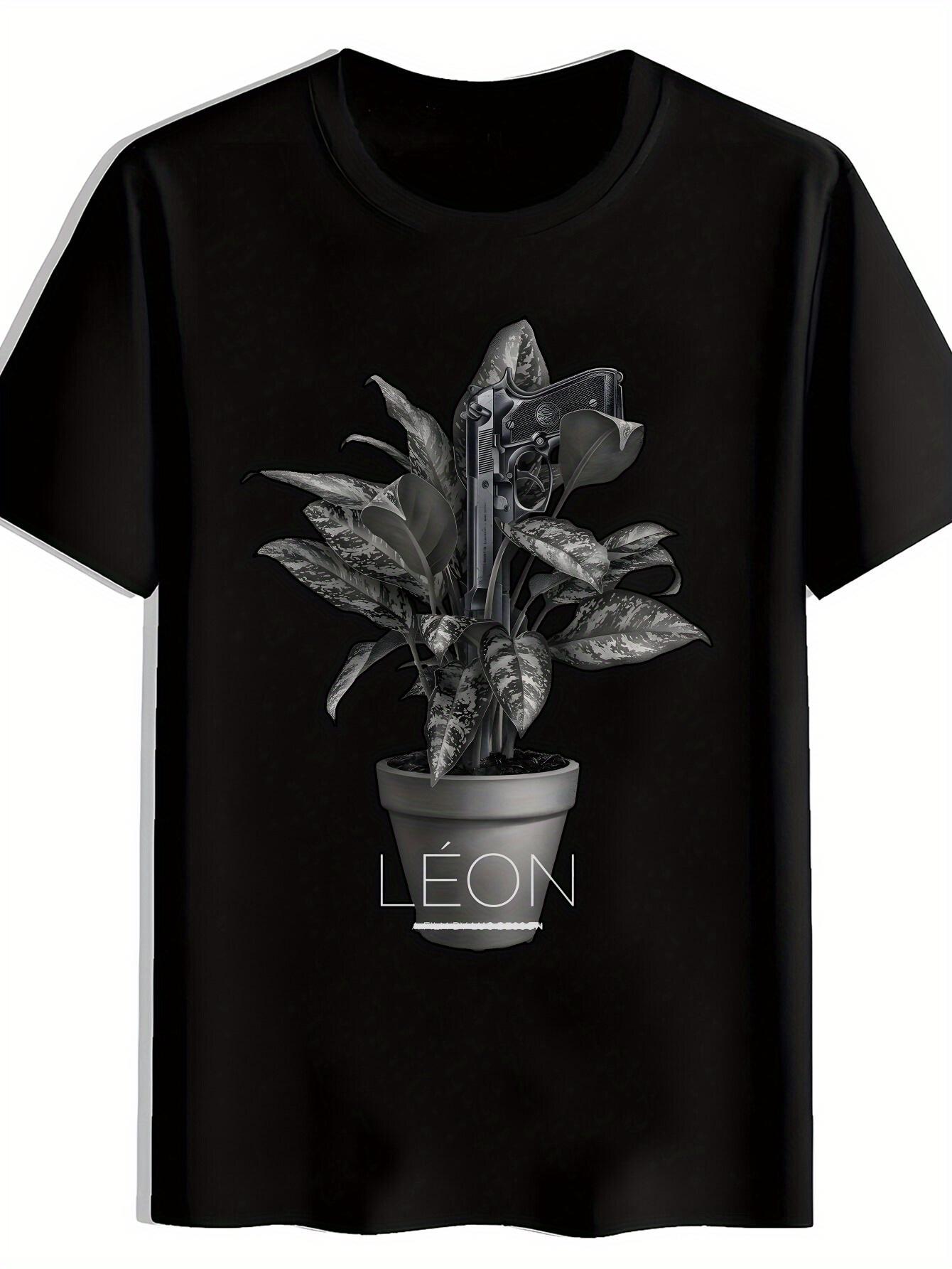 Casual Short Sleeve T-shirt with Leon Movie Poster Design - Black Polyester Crew Neck XXL