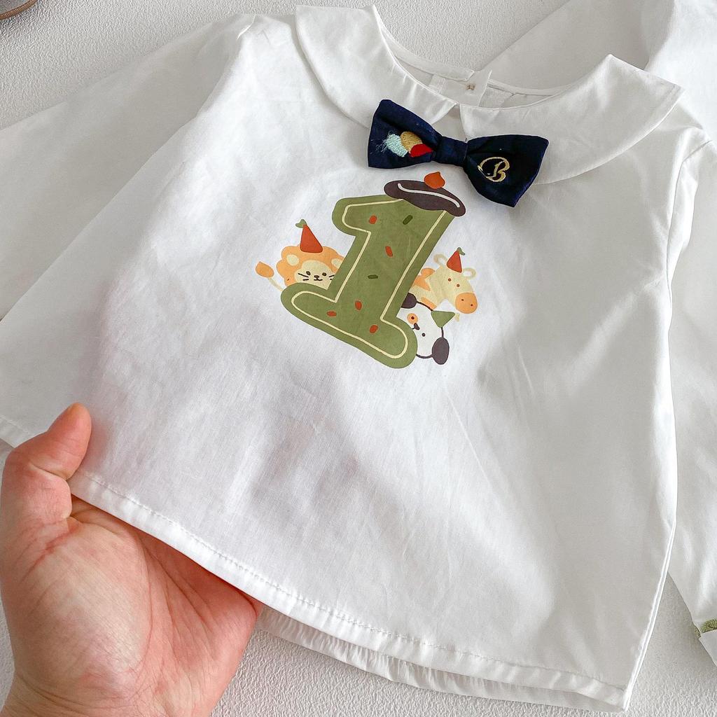 2026 Toddler Cartoon Bow Tie Shirt - Spring Birthday Outfit