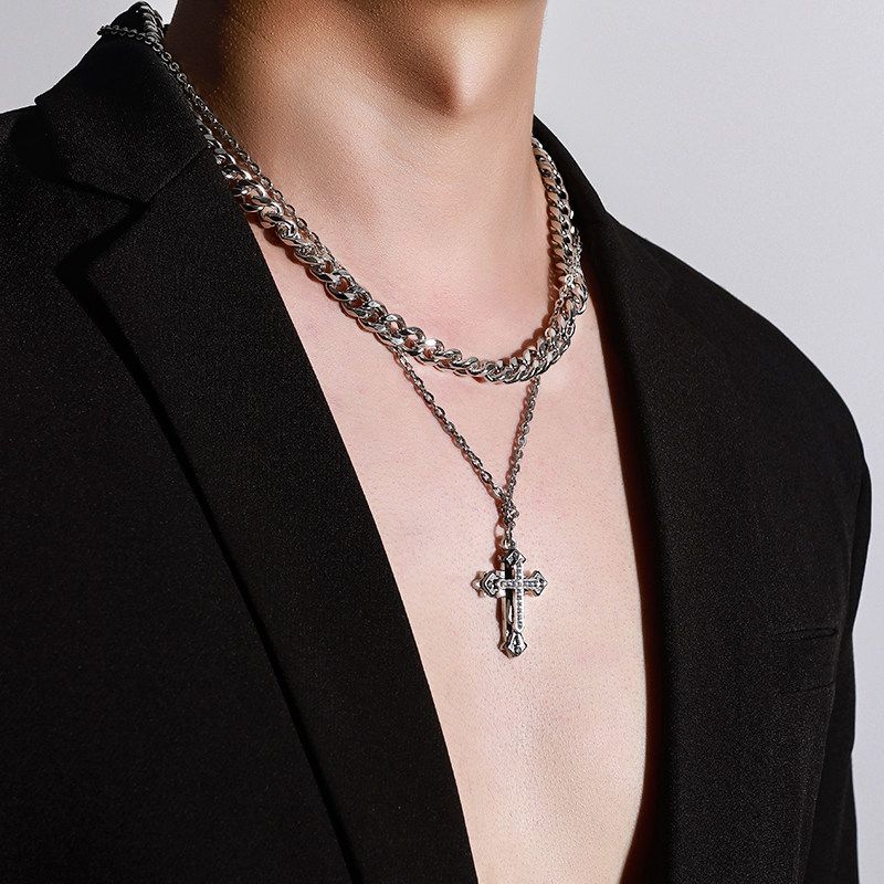 INS Cross Pendant Titanium Steel Women's High Street Cuban Link Chain