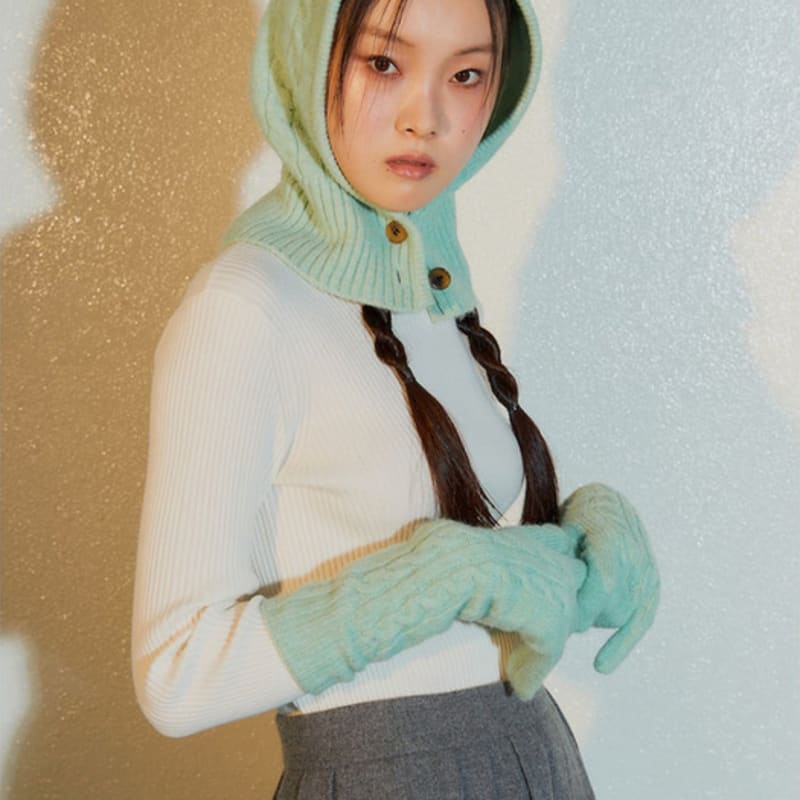kuho plus Cable Knit Long Gloves Mint (KE3X5UM02L)