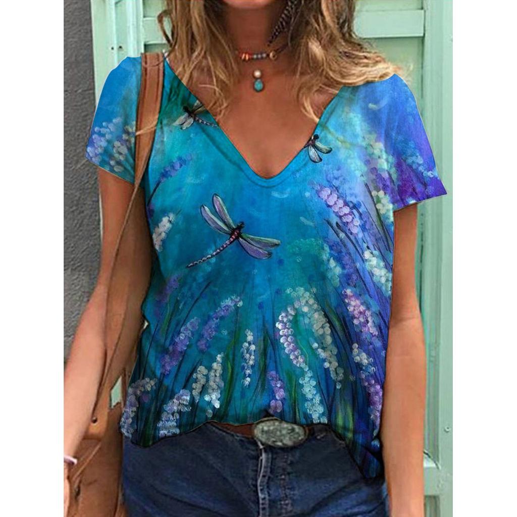 New 3D Printed Short Sleeved Women's Summer Casual Flower and Bird Print V-neck T-shirt