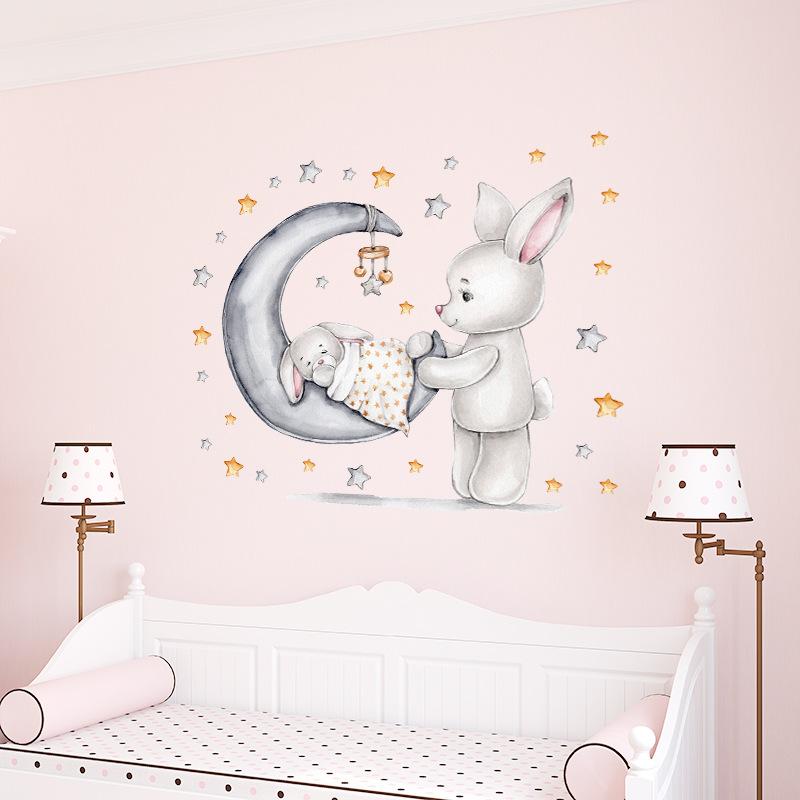 Sleeping Baby Bunny in Moon Cradle Wall Stickers, Cute Cartoon Self-Adhesive Decor for Kids Room Kindergarten Decoration