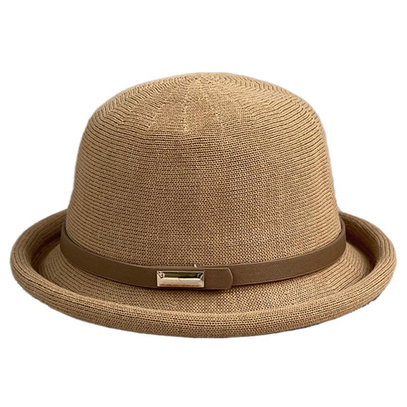 College Style Woven Small Belt Decoration Crimped Basin Hat Women'S British Retro Small Round Hat Fashion Basin Hat