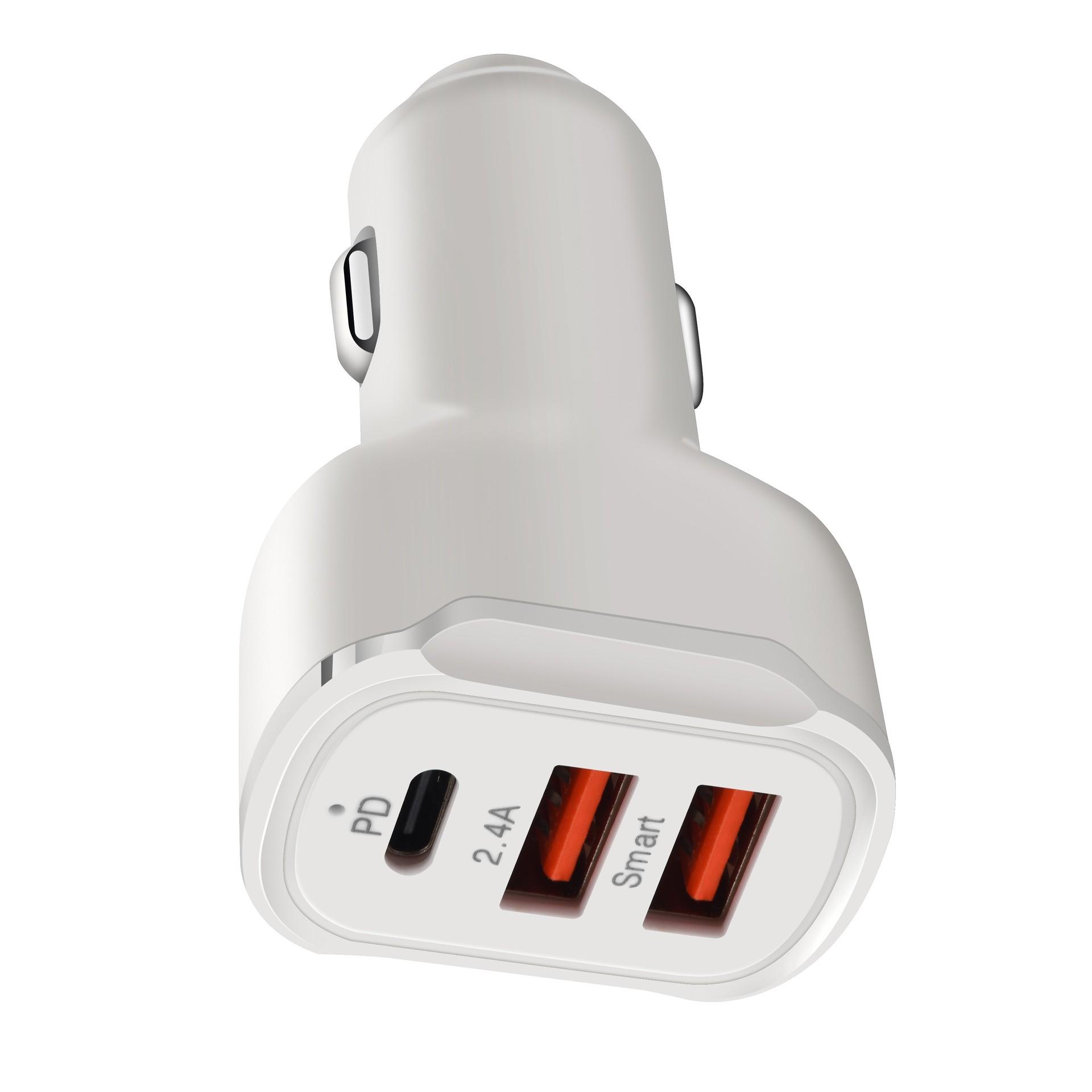 

Автомобільний зарядний пристрій VAORLO 30 Вт, подвійний порт USB + PD, 3 в 1, 2,4 A, швидка зарядка для мобільного телефону білий