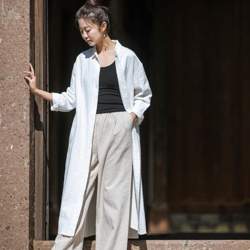 2026 Spring Women's Artistic Sand-Washed Cotton Linen Lapel Long Coat - Loose, Slimming Outerwear Cardigan