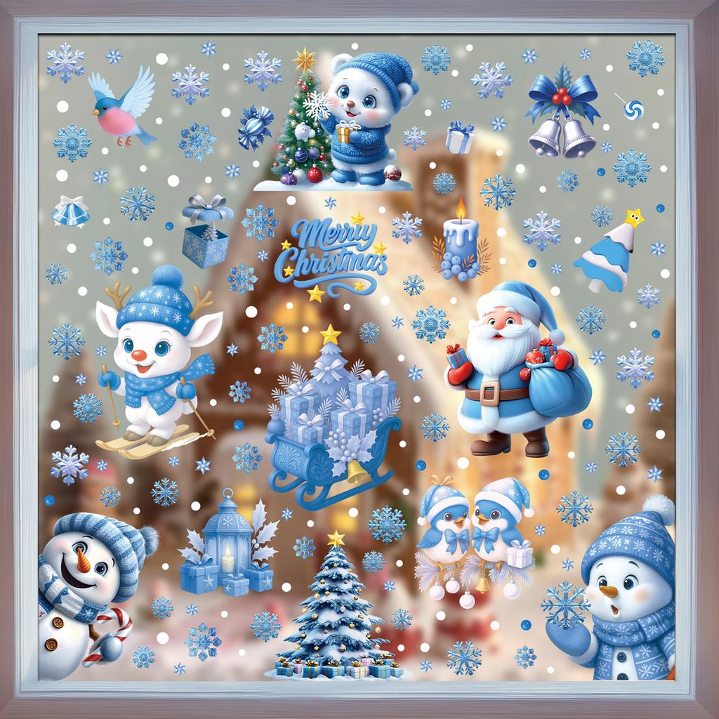Merry  Christmas Window Stickers Blue Snowman Santa Claus Snowflake Elk Glass Decals  2025  xmas Party Stickers Gifts
