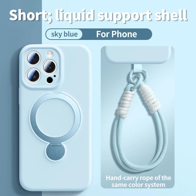 Liquid Silicone Magnetic Phone Case For Magsafe IPhone 13 14 15 16 Pro Max With Hanging Wrist Rope Strap Bracket Protective