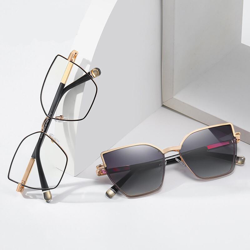 Magnetische Clip-On Optische Myopiebril Voor Vrouwen Oversized Vierkante Zonnebril Metalen Frame Aanpasbare Sterkte