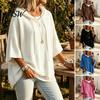 Loose Fit Sweater Autumn Women Knit Pullover Sweater, Drawstring Hooded Oversized Sweaters 3/4 Sleeve Drop Shoulder Solid Color Casual