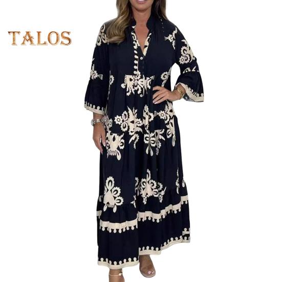 

Осень-Весна Платье Воротник-стойка Длинные рукава Подходящий по цвету принт Плиссированные Лоскутные трапеции Свободный подол Длина до щиколотки Для свиданий Повседневная одежда Макси-платье XL чёрный