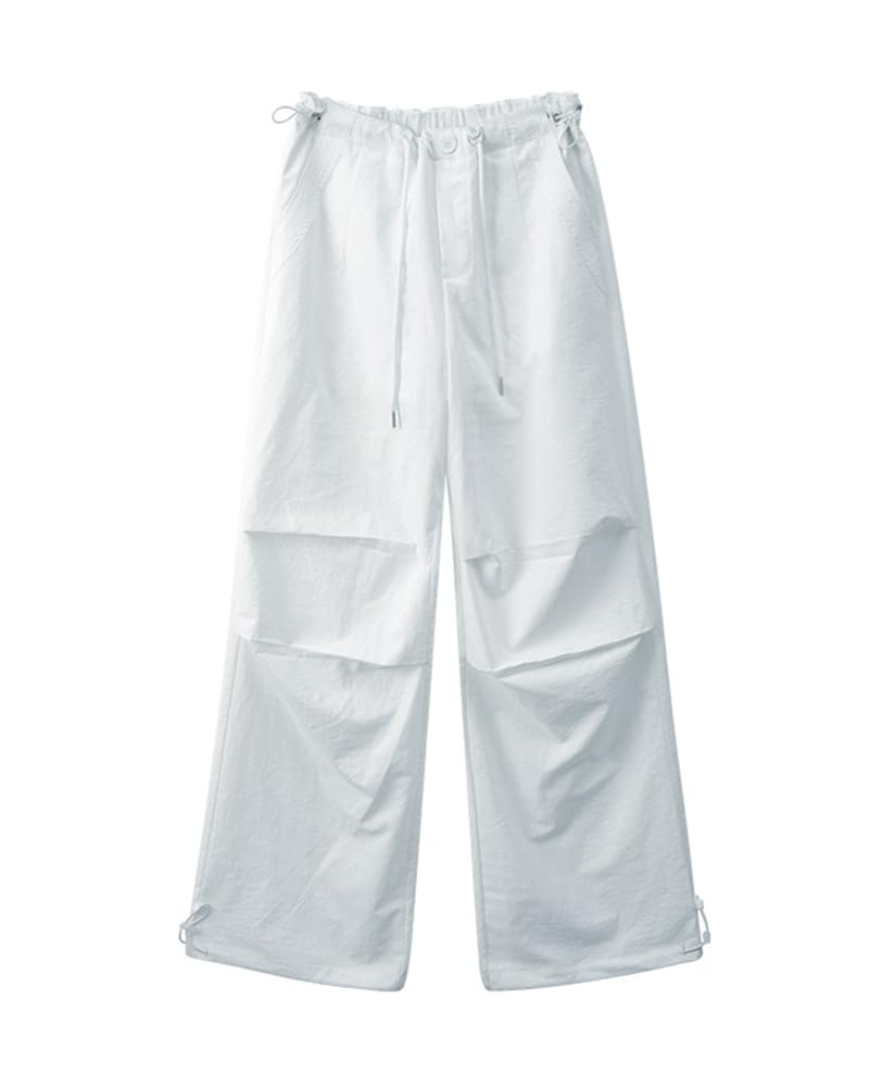 LUJPOIR Cargo Long Pants with Elastic Waist and Adjustable Relaxed Loose Solid Color White Size M Women's Pants, Drawstring, Fit, Casual, Fit, Spring,