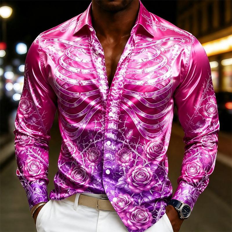 Luxury Men  Silk Satin Shirt Rose Floral Jacquard Long Sleeve Slim Fit Formal Evening Wedding Prom Party Business Dress Shirts