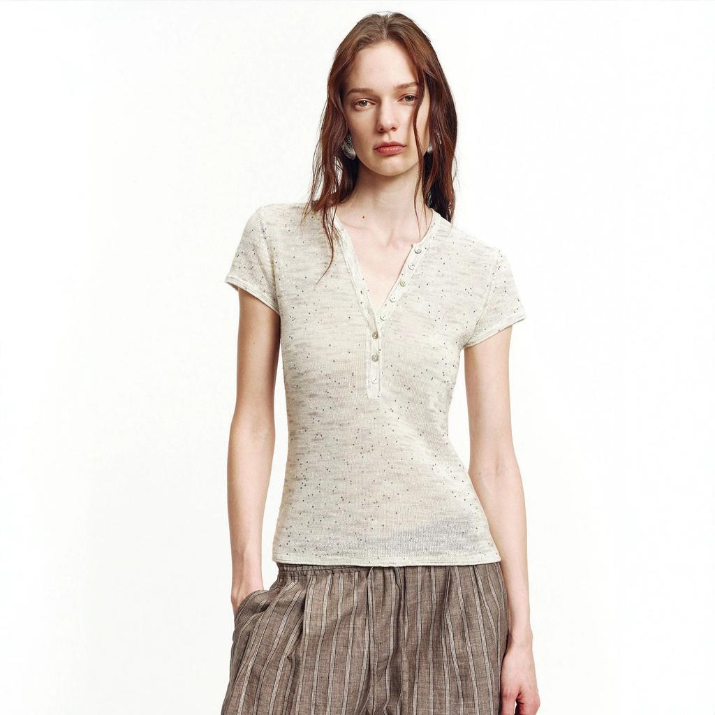 Minimalist Light Gap, Cotton and Linen Blend Sequined Fancy Yarn Front Shoulder Henry Collar Short-sleeved T-shirt Top Women