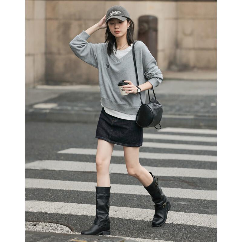 Demana Women's Color Block Faux Two-Piece Spliced Round Neck Sweatshirt