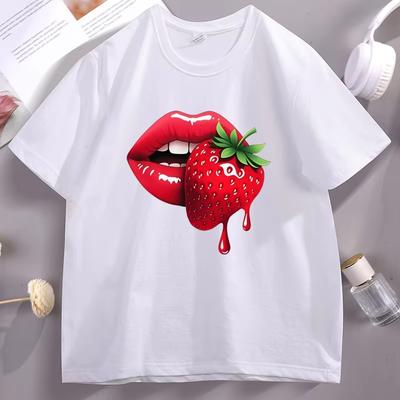 Mund Mit Erdbeere Rote Lippen Graphic T Shirts Casual Cotton Unisex Women Short Sleeve Tshirt Round Neck Streetwear Clothing Tops