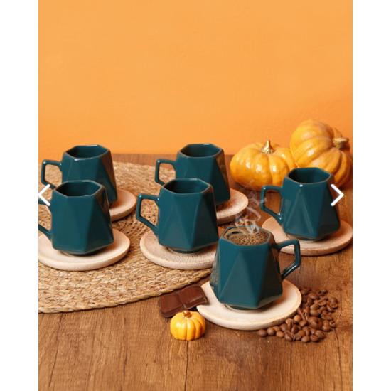 

6 Person Prism Green Coffee Cup Set with Wooden Plate