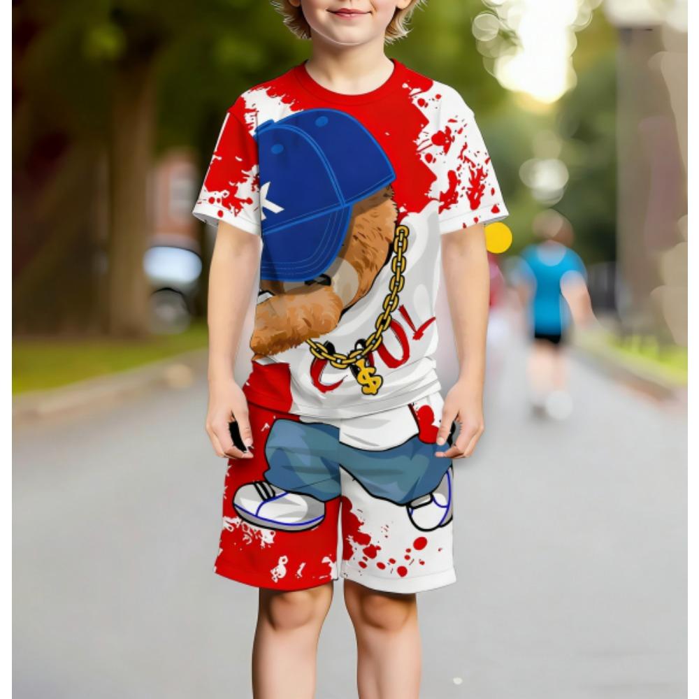 Europe and America Funny Bear Fashion Men's Set Summer Men's T-shirt and Shorts 2 Piece Set Outdoor Casual Men's and Women's Outfit
