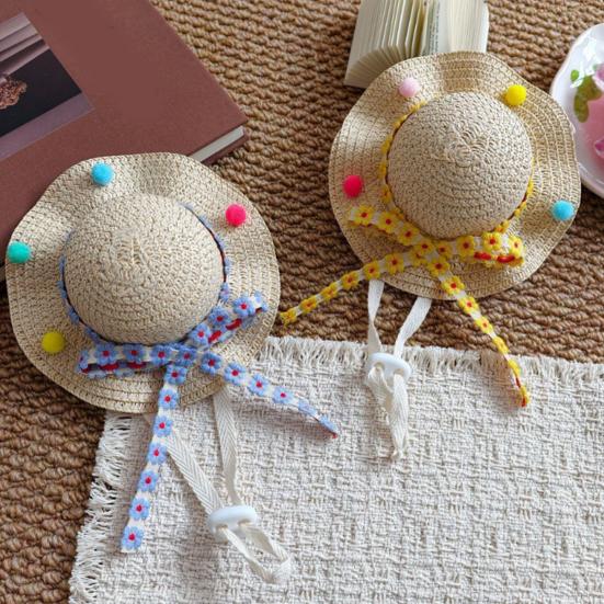 1 Set Cute Flower Cat Outfit Straw Sun Hat And Lace Ruffled Cat Bandana Bib Sweet Pet Accessory with Colorful Pom-Poms for Cats Dogs Photos Parties