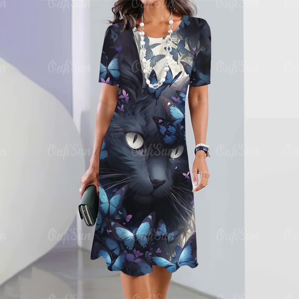 

Нові жіночі сукні з мультяшним принтом кота, літні, елегантні, з коротким рукавом, модний одяг великого розміру 7XL
