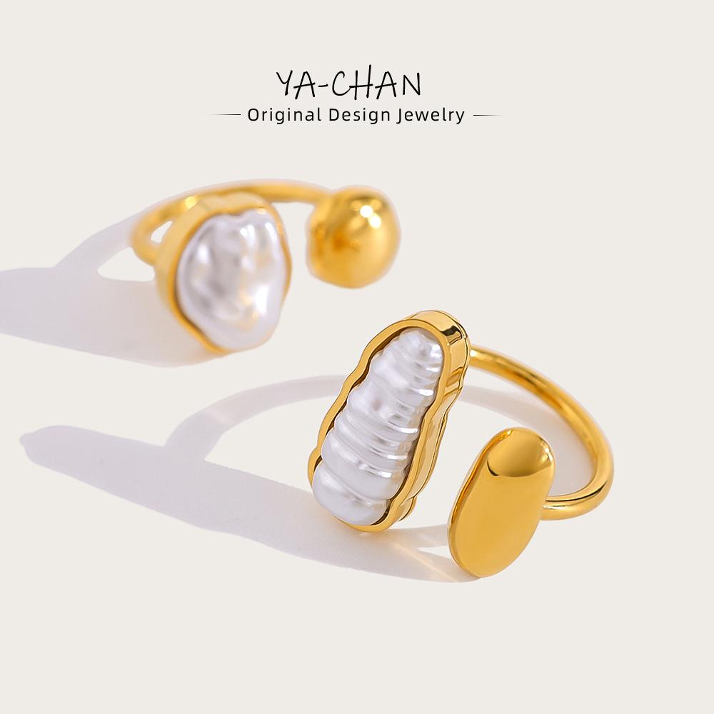 YACHAN Chic Irregular Pearl Stainless Steel Open Rings for Women Charm Luxury Gold Plated Tarnish Free Jewelry