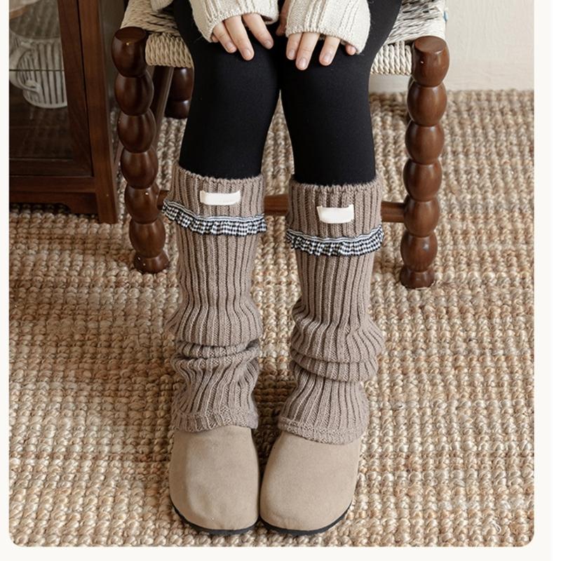 Elastic Sweet Style Leg Sleeves Warm Calf Length Socks For Girls Ruffled Design Fashionable Winter Accessories