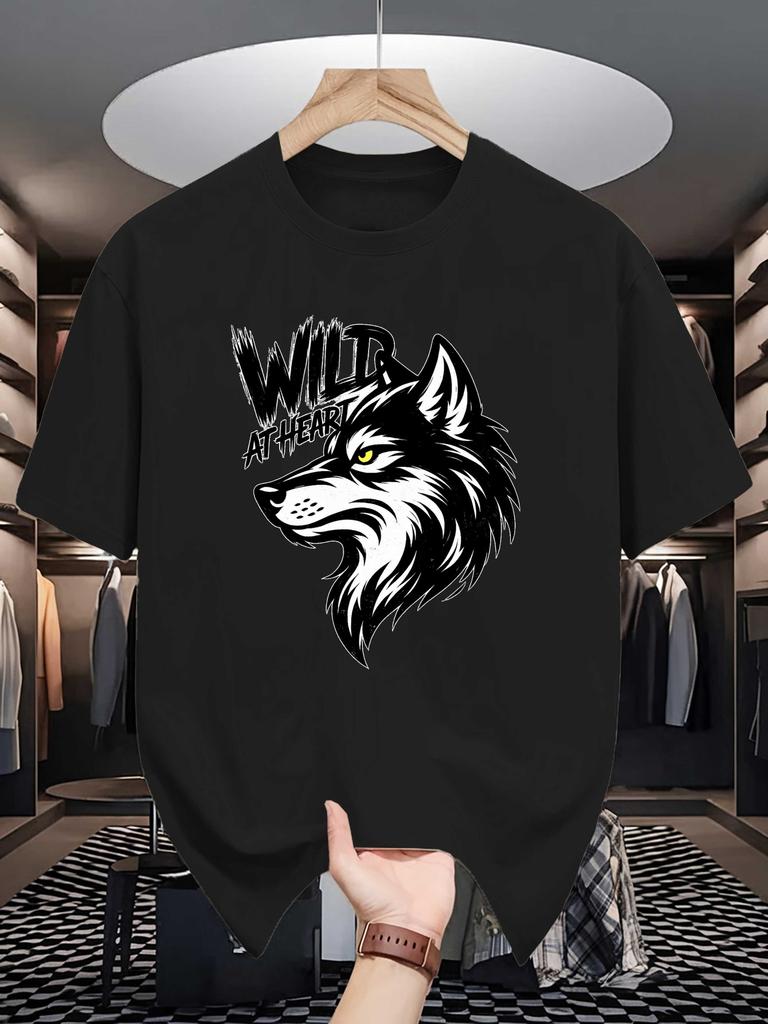 Unisex Cotton Tee Wild At Heart Wolf Head Letter Graphic Print Loose Breathable Summer Crew Neck Casual Street T Shirt For Unisex