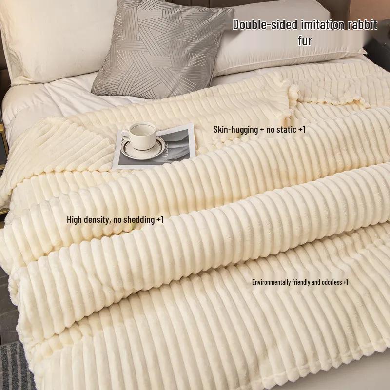Thick Ribbed Faux Rabbit Fur Velvet Flannel Blanket - Autumn/Winter