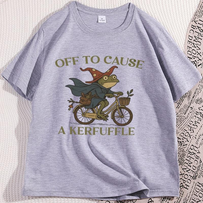 Off To Cause A Kerfuffle Frog Tshirt Men Women Causal Cotton Short Sleeve Funny Weirdcore Sayings Unique Tshirt Tee Clothes