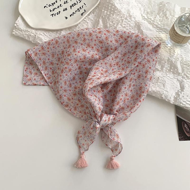 Premium cotton and linen silk scarf neck protection scarf small fresh square scarf floral headscarf hair band fringed hair accessories