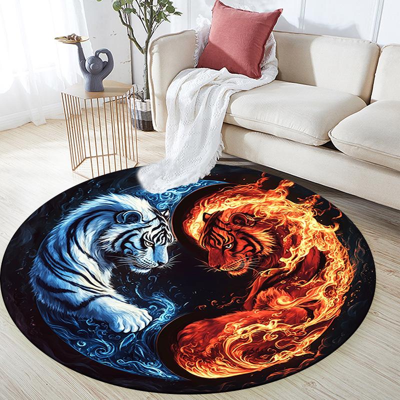 Yin Yang Tiger Round Area Rug,Carpet Rug for Living Room Bedroom Sofa Playroom Decor,Non-slip Floor Mat