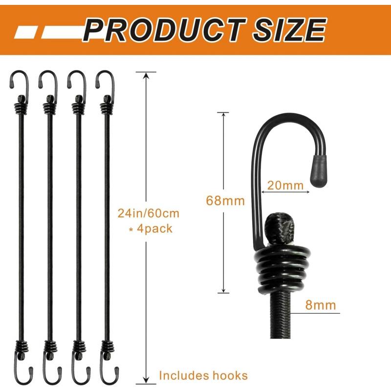 24 Inch Bungee Cords With Hooks Heavy Duty Elastic Tie Down Straps For Tarps Luggage Tent Bike Camping Garden