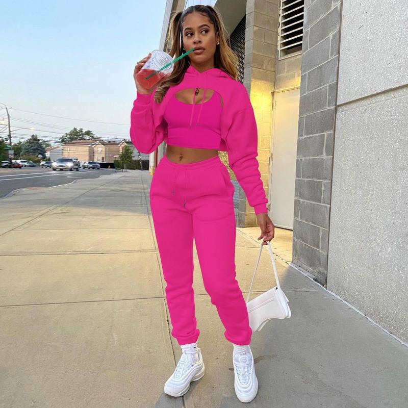 Fashion Women's Clothing Fleece Drawstring Solid Color Hooded Sweater Long Sleeve Drawstring Pants Three-piece Set