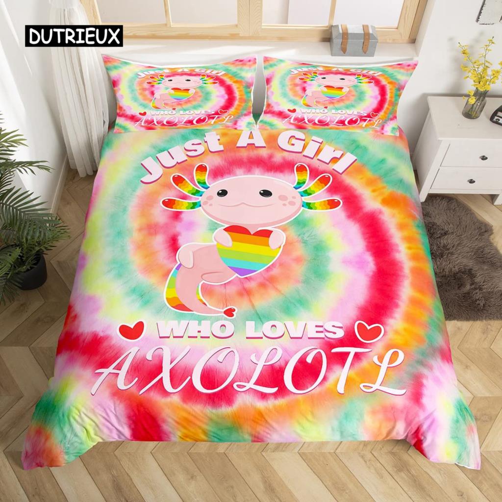 Axolotl Duvet Cover Set Pink Newt Wildlife Comforter Cover with Pillowcases Cartoon Octopus Animal Kawaii Style Twin Quilt Cover