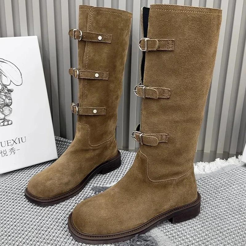 Flats Women High Boots Suede Buckle Fashion Shoes Knee High New Motorcycle Boots Winter Trend Designer Goth Botas De Mujer