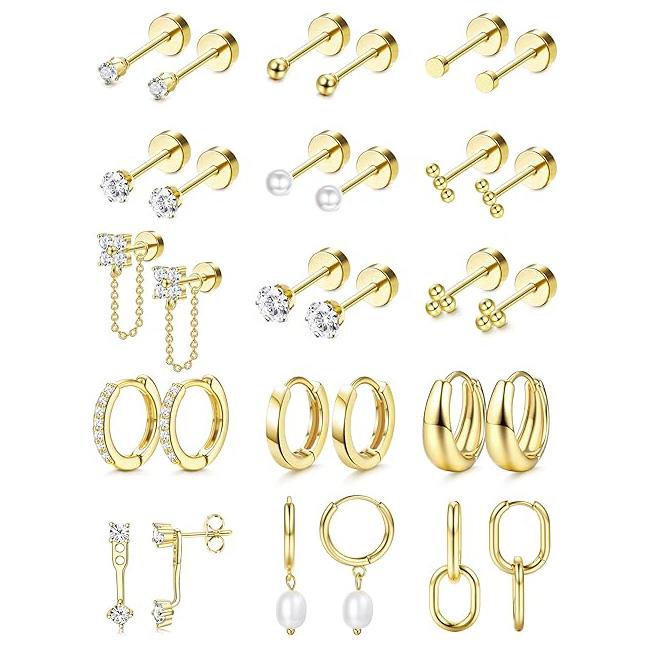 Kolip 15 Pairs Flat Back Stud Earrings for Women Men, Hypoallergenic Steel Earrings Set