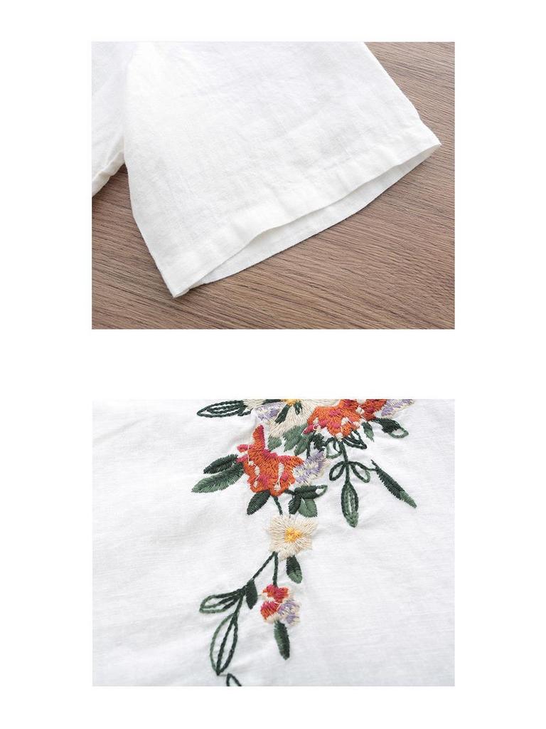 Women's Retro Korean Style Plus Size Embroidered Cotton Linen T-Shirt