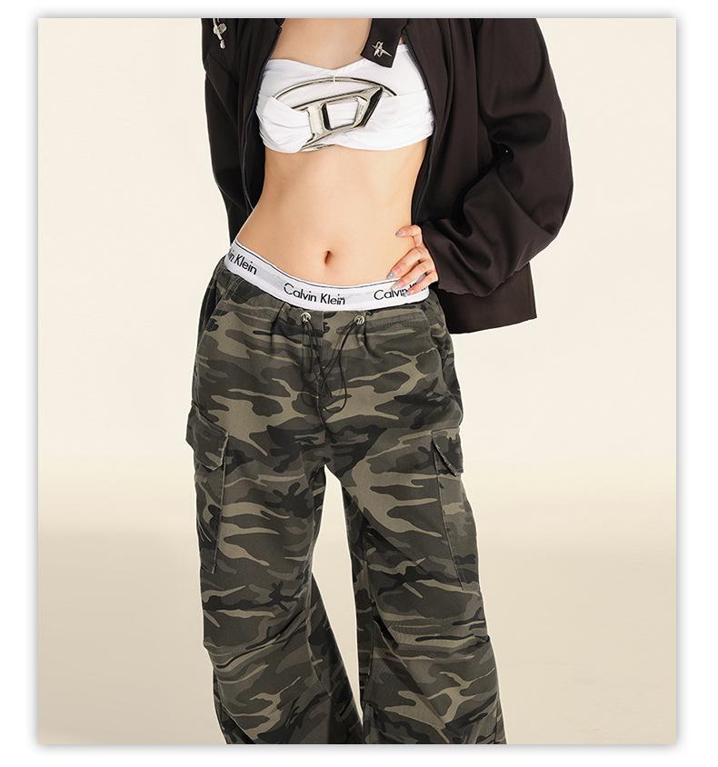 Women's American Camouflage Straight Cargo Pants - 2025 Spring/Autumn Collection, High-Waist Loose Fit Wide Leg.