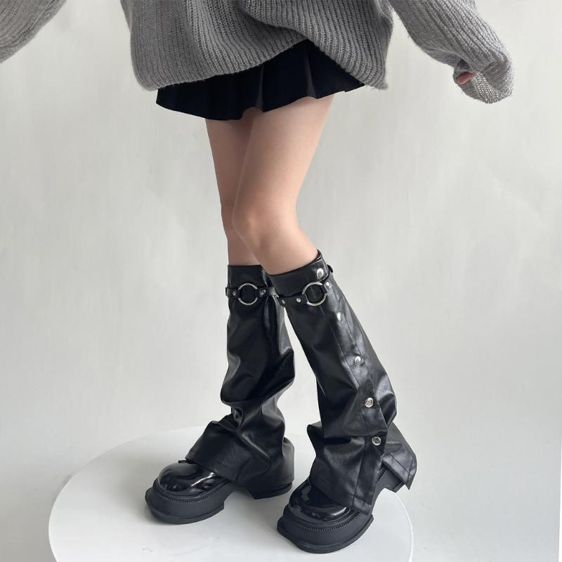 Women Punk Buckle Leather Leg Warmers Harajuku Grunge Leg Socks Side Buttons Wide Baggy Boot Covers Gaiters Streetwear