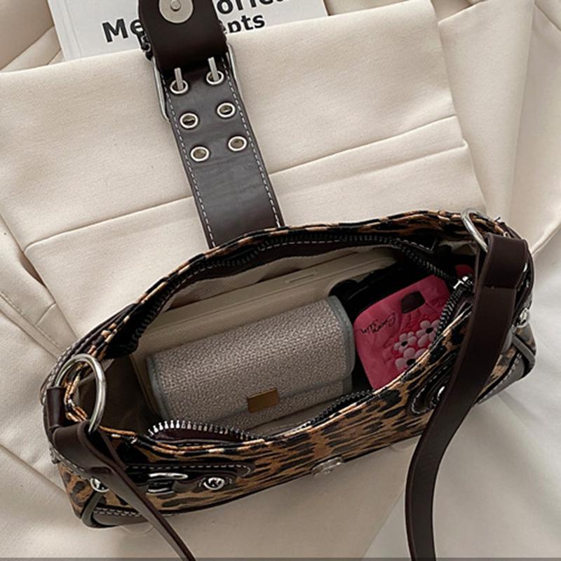 Retro Belt Buckle Leopard Print Casual Single Shoulder Autumn Winter New Style Fashion Rivet Large Capacity Underarm Bag. KTB