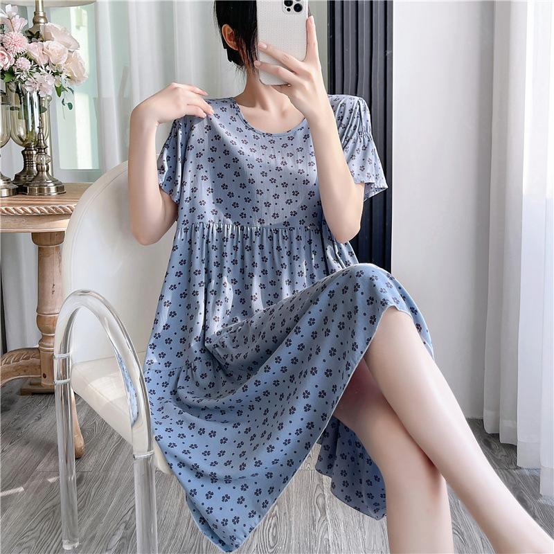 Cotton and silk nightgown women's summer thin short-sleeved cartoon printed pajamas can be worn outside long large size loose knee pajamas
