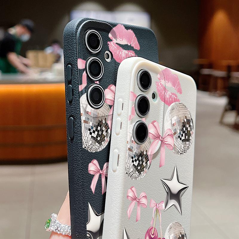 Leather Texture TPU Phone Case For Samsung Galaxy S26 S25 S24 S23 Ultra S24 S25 FE S22 Plus Cherry Bowknot Pattern Back Cover