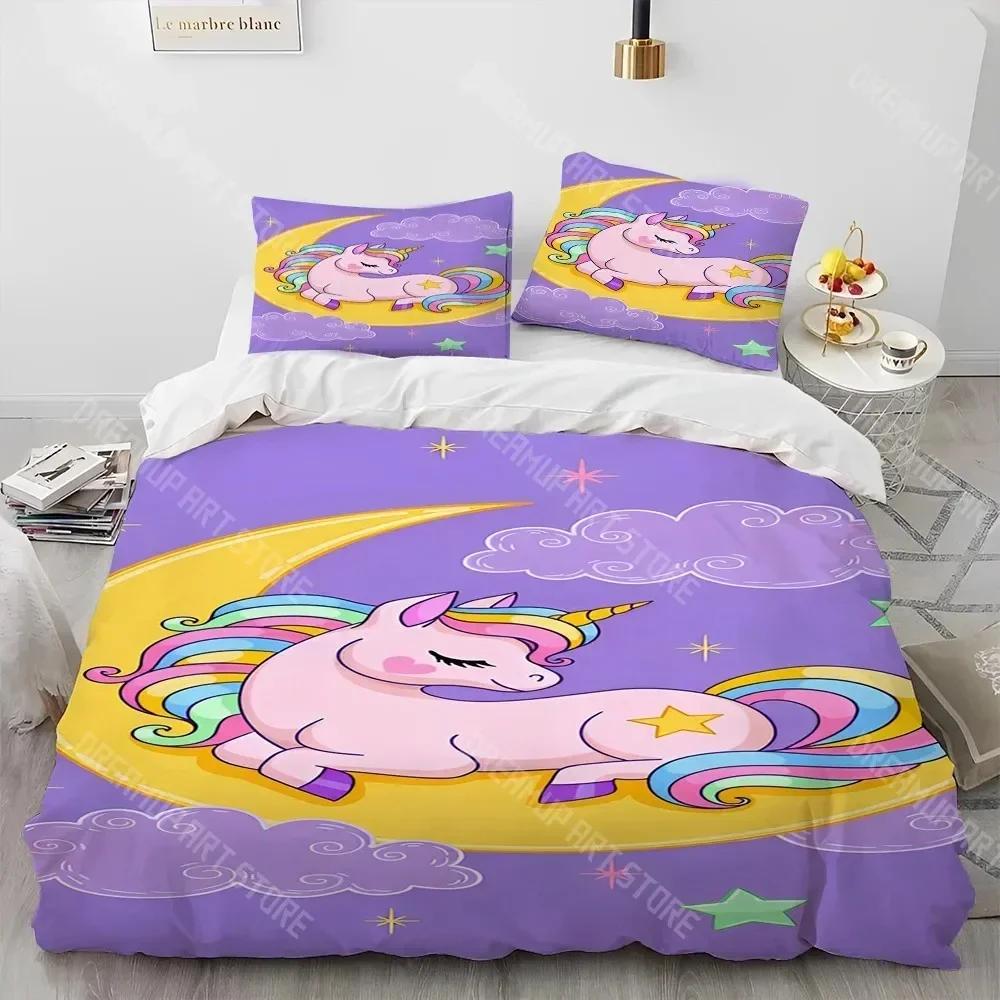 Unicorn Cute Cartoon Comforter Bedding Set,Duvet Cover Bed Set Quilt Cover Pillowcase,Queen Bedding Set for Child Boy Girl Gift