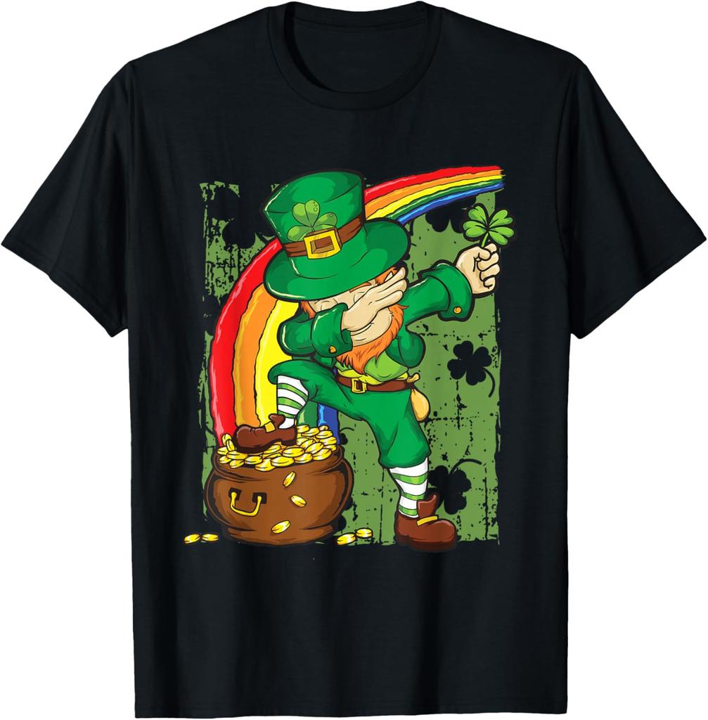 Dabbing Leprechaun Topf mit Gold Regenbogen St. Patrick's Day Grafik T-Shirt Herren Lässig Baumwolle Kurzarm T-Shirt