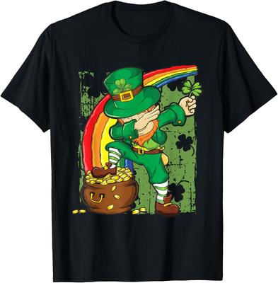 Dabbing Leprechaun Pot of Gold Rainbow St Patricks Day Graphic Tee Men Casual Cotton Short Sleeve T-Shirt