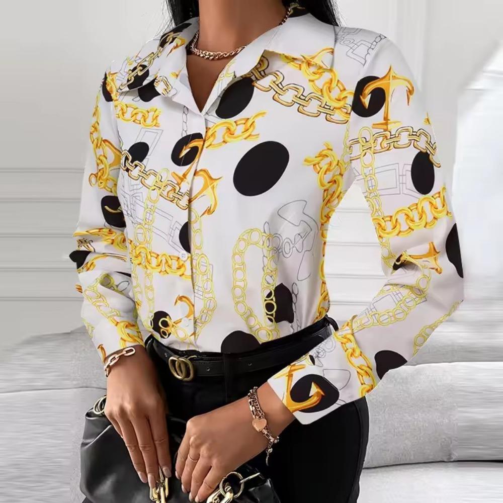 Women Print V-Neck Button Long Sleeve Shirt Loose Casual Holiday Tops Blouse